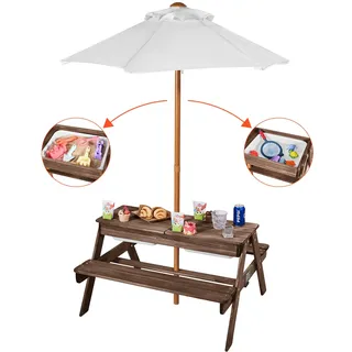 VEVOR Picknicktisch mit abnehmbarem Sonnenschirm & 2 Bänken, Sitzgruppe Strandtisch Outdoor Gartenmöbel aus Holz Terrassen-Essmöbel für 4 Personen für Garten, Hinterhof und Veranda (Walnuss)