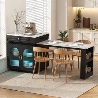 Merax Esstisch Kücheninsel mit Rollen, Ausziehbarer Esstisch, LED Steckdosenleiste, Multifunktionaler Bartisch, Sideboard, küchentisch, Schwarz+Weiß - Schwarz