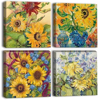 Artscope 4 Teilig Leinwandbilder mit Sonnenblumen-Ölgemälde Motiv Kunstdruck - Moderne Wandbild für Küche Badezimmer Wohnzimmer Wanddekoration - 30 x 30 cm