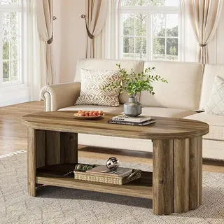 Ovaler Couchtisch 120 cm, 2-stufiger Stauraumtisch mit Ablageboden, Landhaus-Mitteltisch mit doppeltem Standfuß für Wohnzimmer, Schlafzimmer, Wohnung - Braun