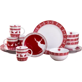 Kombiservice RETSCH ARZBERG "Geschirr-Set, Service Nordic Reindeer, Winter, Advent, Weihnachten", rot (rot, weiß), 16 Stk., Porzellan, Geschirr-Sets, Kombiservice, Rentier-Design, 16 Teile, für 4 Personen
