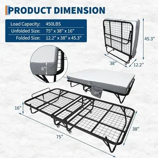 Tragbares klappbares Gästebett - Klappbett mit 15 cm Memoryschaum-Matratze - Stabiler Stahlrahmen - Mit Rollen - Platzsparend - 190x96 cm