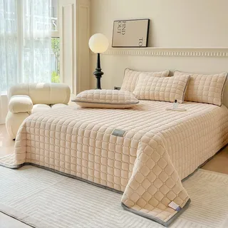SHANNA Extra Große Bettdecke Tagesdecke: Leichte Milch Samt 3-Teilige Tagesdecke 230 X 250 cm Mit 2 Kissenbezügen 50 X 70 cm Elegantes Doppelbett Gefüttert Und Gesteppt für Wohnzimmer (Hellkamel)