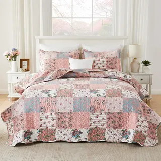 Qucover Tagesdecke 220x230 Rosa, Tagesdecke Patchwork Bunt aus Mikrofaser Bettüberwurf Doppelbett Set mit 2 Kissenbezüge Leichte Sofadecke bei Ultraschall genäht im Landhausstil
