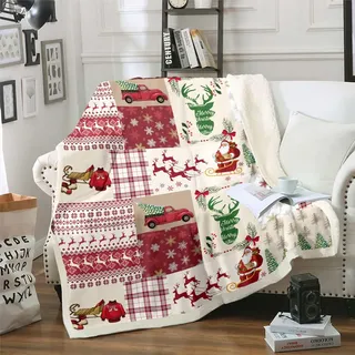 Homewish Microfaser Polyester Decke 75x100 cm rot Weihnachtsmann Hirsch Fleece Büffelkaro Winterdeko Decke mit Schleife
