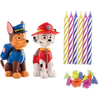 dekora - Paw Patrol PVC Kit mit 10 Geburtstagskerzen - Kit zum Dekorieren von Geburtstagstorten - Attraktives Design - Set mit 1 Paw Patrol Figur und 10 Kerzen mit Sockel