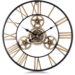 Lafocuse Industriell Gold Zahnrad Wanduhr Groß 57cm, Steampunk Lautlos Metall Quarzuhr mit 3D Romische Zahlen Vintage für Bar Wohnzimmer Schlafzimmer