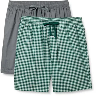 Amazon Essentials Herren Pyjama-Shorts, Kurz, Baumwoll-Stretch-Popeline, 2er-Pack, Dunkelgrau/Vichy-Muster, S