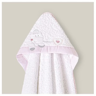 Baby BadePoncho 1x1 m Bademantel Kapuzenbademantel CORAZÓN AMOROSO in Weiß und rosa, für Neugeborene · 100% Baumwolle