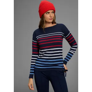 Streifenpullover LAURA SCOTT, Damen, Gr. 44/46, blau (marine gestreift), Feinstrick, Obermaterial: 50% Baumwolle, 50% Polyacryl, gestreift, figurumspielend hüftlang, Rundhals, Strickkante, Pullover Streifenpullover, Feinstrickpullover mit Rundhalsausschnitt und Bindeband