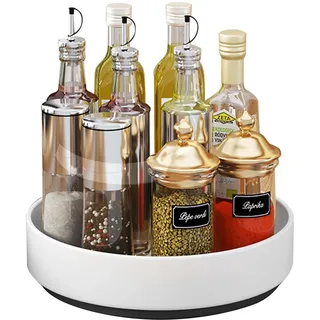 Küche Organizer Drehteller aus Kohlenstoffstahl, 26cm Küchenschrank Drehteller Organizer, Grosse Kapazität Gewürzregal Drehbar Anti Rutsch Küchenlagerungs für Küchenregal Arbeitsplatte (Weiß, 26CM)
