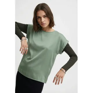 Kurzarmshirt VILA "VIELLETTE S/S SATIN TOP - NOOS", Damen, Gr. 38, smoke grün, Satin, Obermaterial: 100% Polyester, unifarben, regular fit normal, Rundhals, mit Umschlag, Shirts Kurzarmshirt, Kunstfaser, regular fit