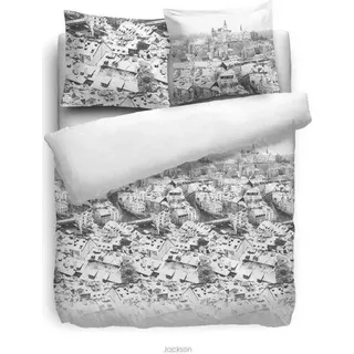 HnL Flanell Bettwäsche Jackson Haus Weiss Blau 135x200 cm + 80x80 cm - Royalblau