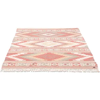 Wollteppich TOM TAILOR HOME "Kelim Colors I" Gr. 2, rot, B:65cm H:5mm L:135cm, Baumwolle, Schurwolle, Teppiche, Wollteppich, reine Wolle, robust und strapazierfähig, mit Fransen, Boho-Style