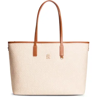 Tragetasche TOMMY HILFIGER "TH MONOPLAY TOTE LE", Damen, Gr. B/H/T: 43cm x 27cm x 14cm, beige, braun, Leder, Lederimitat, Taschen Tragetasche, Damen Schultertasche, Henkeltasche, Shopper mit Allover-Print