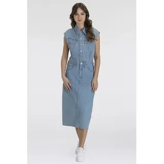 Jeanskleid LEVI'S "ICONIC SLEEVELESS DRESS", Damen, Gr. XS (34), N-Gr, blau (wrapped in blau), Denim/Jeans, Obermaterial: 100% Baumwolle, figurbetont ca. Mitte Wade, Kleider Jeanskleid