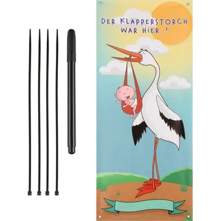 Makai Baby Banner Hochkant Plakat zur Geburt Storch Geschenk 70 x 160 cm Plakat für Balkon Garten zum Aufhängen am Haus personalisierbar für Kind Geschenk mit Storch der Klapperstorch war hier Mama und Kind
