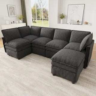 Merax XXL Modulares Ecksofa mit Schlaffunktion, 6-Sitzer Wohnlandschaft U/L-Form, Chenille Cloud Sofa mit Hocker, Doppelpolster, Wohnzimmer, Grau - Grau