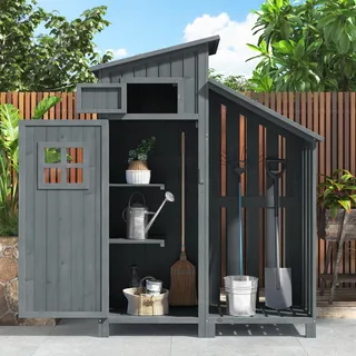 Gartenschrank Gerätehaus Geräteschuppen Holz, 124x46x174 cm, kompakt für kleine Gärten, Gartenhaus zur Aufbewahrung - Grau