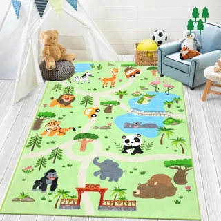 Enyhom Dicker Spielteppich Kinderteppich Ultraweiche rutschfest Spielmatte Waschbar Zoo Tiere Kinderteppich für Mädchen Jungen,Straßenteppich, 100 x 150 cm