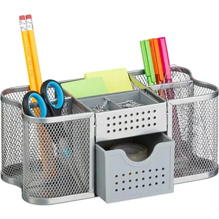 Relaxdays Schreibtisch Organizer, Büro Organizer mit Stiftehalter & Schublade, Metall, HBT: 10 x 23,5 x 11,5 cm, Silber