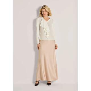 Langarmbluse MADELEINE "Volantbluse Elegante Seidenbluse mit V-Ausschnitt", Damen, Gr. 42, weiß (wollweiß), Obermaterial: 95% Viskose CV. 5% Elasthan EL., Modern, V-Ausschnitt, Blusen Langarmbluse