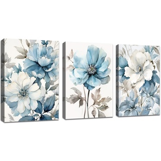 3 Pcs Leinwandbilder Bilder mit Rahmen Graue und blaue Blumen Tinte bild auf leinwand Wandkunst Modern Wandbilder Kunstdruck Deko für Wohnzimmer Schlafzimmer fertig zum Aufhängen 90x40cm(30x40x3)