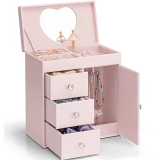 VLANDO Schmuckkästchen mit Spieluhr für Mädchen, große Spieluhr für Kinder mit Ballerina als Dekoration für das Geburtstagszimmer, 4-lagiges Schmuckgeschenk für Mädchen und Kinder – Rosa