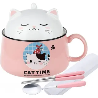 Lachineuse - Ramen Schüssel Kawaii Katze mit Deckel - Cat Time Ramen Bowl 1020 ml - Nudelsuppe Schüssel - Nudelschüssel Schale - Müslischalen mit Henkel - Farbe Rosa