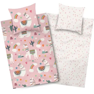 Aminata kids Lama Bettwäsche Mädchen - Wendebettwäsche 135x200 Mikrofaser - Kinderbettwäsche Set mit Reißverschluss - Lamas, Regenbogen Herzen - Allergikerfreundlich