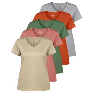Real Essentials Damen Sport-T-Shirt, kurzärmelig, V-Ausschnitt, Dry-Fit feuchtigkeitsableitendes Yoga-Top (erhältlich in großen Größen), 5er-Pack, 12 Stück, Groß