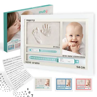 Hat Creations MUBY, Baby-Hand- und Fußabdruck-Set, Fotorahmen mit NEUGEBORENEN-ARMBÄNDERN. Geschenke für Neugeborene, Jungen und Mädchen, Wanddekoration für das Kinderzimmer. Baby-Fotorahmen, einzigar