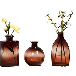 KMERCE Blumenvasen aus Glas, kleine Vase, braun, dekorativ, modern, Dekoration für Tischmitte, Hochzeit, Champagner, Boheme, Taufe, Geburtstag, Muttertagsgeschenk, 3 Stück