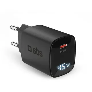 SBS USB-C Ladegerät 45W mit LCD, EU-Stecker, Power Delivery, ideal für Android-Smartphones, iPhone, Tablets, MacBook