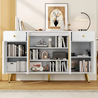 MODFU Kommode Anrichte mit 2 Schubladen und 4 Türen,Sideboard mit Stauraum und verstellbaren Einlegeböden, Beistellschrank geeignet für Wohnzimmer und Küche,Weiß - Weiß