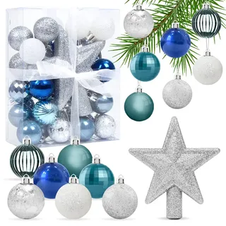Weihnachtskugeln Blau Silber, 30 pcs Mini Weihnachtsdeko Kugeln Set, 3CM Christbaumkugeln Kunststoff, Kugeln Weihnachtsdeko, Glänzend Glitzernd Matt Weihnachtsbaum Ornamente