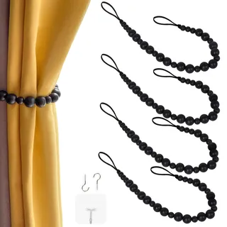 2 Stück Holzperlen Vorhang Raffhalter Boho Vorhang Raffhalter Vorhang Halter für Wand Bauernhaus Vorhang Raffhalter Fensterbehandlung Vorhang Raffhalter mit Haken Gardinenhaken (2, Schwarz)