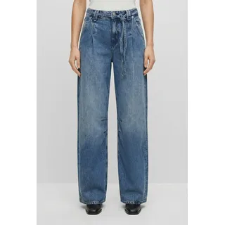 Weite Jeans BOSS ORANGE "PLEATED BARREL 1.0 Premium Damenmode", Damen, Gr. 31, Länge 30, blau (medium blau 422), Denim/Jeans, Obermaterial: 61% Baumwolle, 39% Lyocell, unifarben, lang, Jeans Weite Jeans, mit Bindegürtel, High Waist