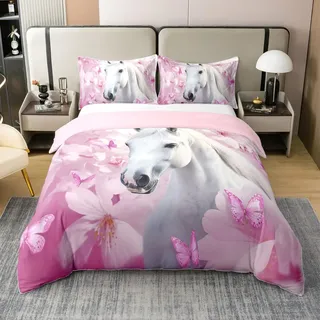 Loussiesd Pferd 100% Baumwolle Bettwäsche Set 135x200cm Schmetterling Betten Set Pferd Muster Bettbezug Set Prinzessin Stil Nette Tier Dekor Bettwäsche Kawaii Farm Bettwäsche-Set