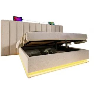 Flieks Polsterbett 180x200cm Doppelbett mit LED & Usb-C Stauraum Beige , Holz , 180x200 cm , Schlafzimmer, Betten, Polsterbetten