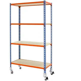 Simon Rack Metallregal mit Rollen 1575x800x500 mm - Maderclick | 4 Höhen, Holzablage, Biegepunkt 75 kg, Korrosionsschutzlackierung, Klicksystem-Montage, Blau/Orange