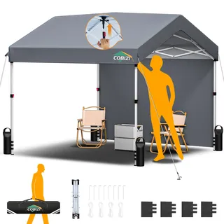 COBIZI Pavillon 3x3m, Faltpavillon 3x3 Wasserdicht Stabil One Push Pop up Carport Partyzelt mit 1 Seitenteilen & 4 Sandsack, 3 höhenverstellbar,Gartenpavillon für Camping Hochzeit UV-Schutz, Grau