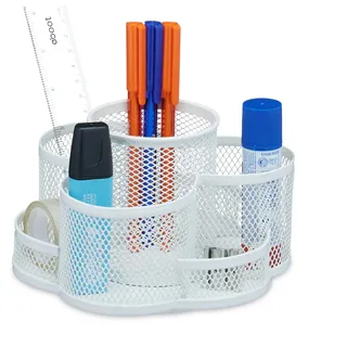Relaxdays Stiftehalter drehbar, 7 Fächer, Metall, HBT: 10,5 x 16 x 17 cm, runde Stifteaufbewahrung Schreibtisch, weiß