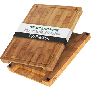 MAKUMORI Premium Stirnholz Schneidebrett Massivholz 40x29x3cm Hevea Hell | Küchenbrett aus Heveaholz leicht karbonisiert; FSC®; End Grain; tiefe Saftrinne; extra große Griffmulden; rutschfeste Füße