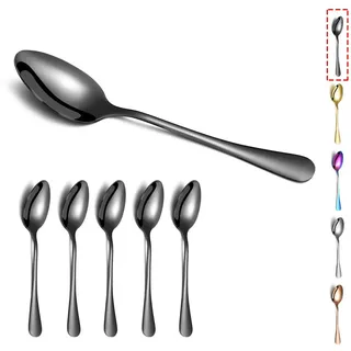 Schwarze Esslöffel, Kyraton 6 Stück 20,3 cm Edelstahl-Esslöffel mit titanschwarzer Beschichtung, schwarzgoldene Suppenlöffel, Dessertlöffel Splittergeschirr, spülmaschinenfest, 6er-Set