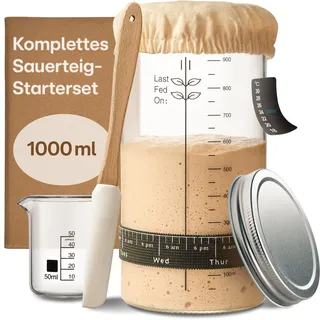 Praknu Sauerteig Starter Set aus Glas (1000ml) Komplett-Set mit Anleitung für Einsteiger & Zuhause backen (Sauerteig Set)