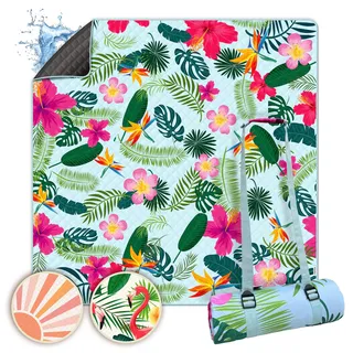 Bobby Beach Picknickdecke wasserabweisend | Stranddecke sandfrei Strandmatte gepolstert | Strandtuch XXL Camping Zubehör Picknickdecke 200x200 (Tropical, 200 x 200 cm, gerollt)