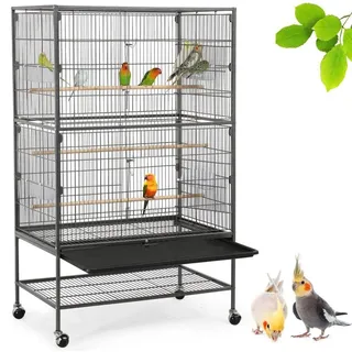 Yaheetech Vogelvoliere großer Vogelkäfig mit 2 Türen Vogelhaus mit Holzstangen und 4 Rollen mit schmutzwanneneinsatz 52 x 79 x 132 cm - Schwarz