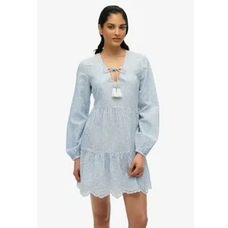 Superdry für Damen. W8011914A Gestuftes Minikleid mit blauer Stickerei (M), Lässig, Baumwolle, Langarm