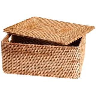 FIYAMMY Rattankorb mit Deckel, großer Korb mit Deckel zur Aufbewahrung, quadratische Rattan-Box (30 cm L x 20 cm B x 15 cm H)